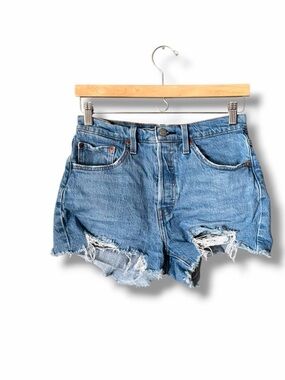 Levi’s Medium Blue Button Fly 5 Pocket High Waist Jean Cut Off Shorts Size 28